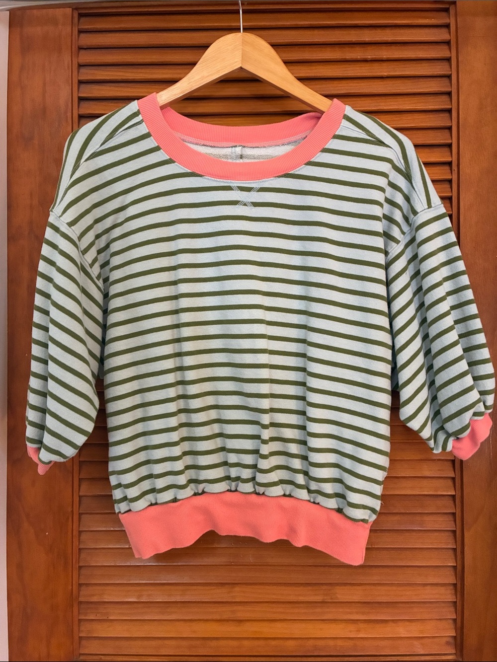 Anthropologie Pilcro Niki Bubble Sweatshirt Green Stripe Coral Sz Med